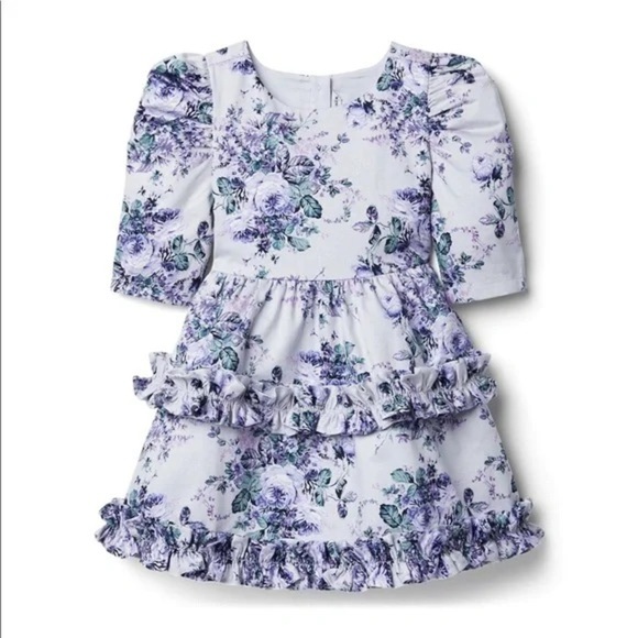 Janie and Jack Floral Puff Sleeve Ruffle Dress 3 Roses - Picture 1 of 6